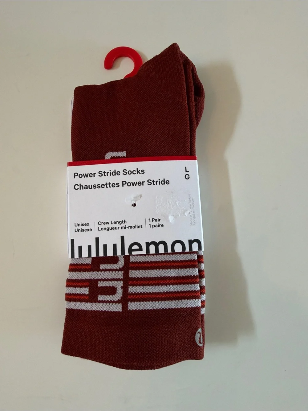 NEW Lululemon Power Stride Crew Socks Stripe Size L Cranberry Charm White Unisex